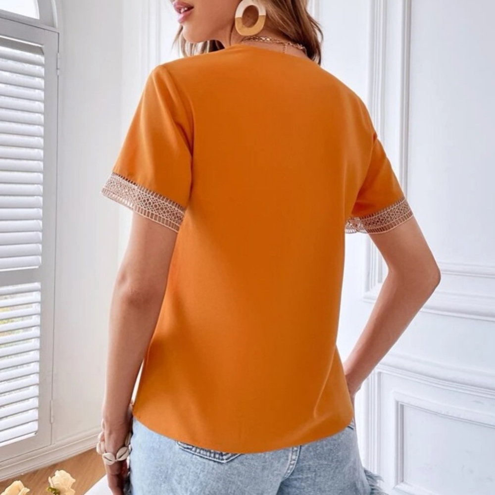 Boho Apricot V Neck  Lace Solid Minimalist Blouse - Picture 15 of 15
